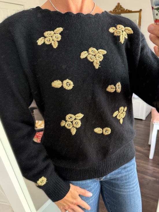 Karen Scott Sweaters - Vintage Karen Scott Silk Angora Lambswool Floral Sweater Black Gold Medium